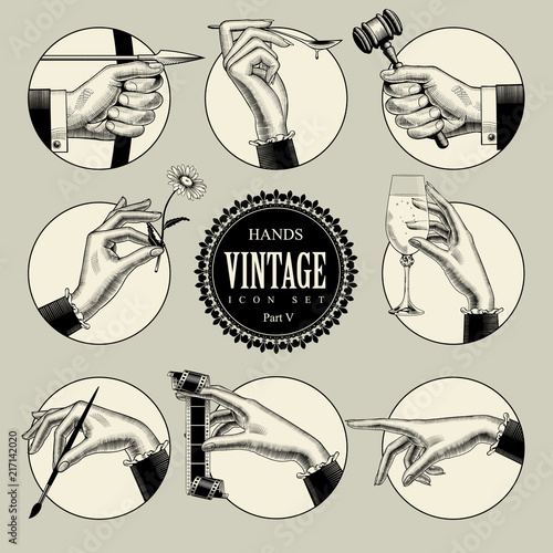 Set of round icons in vintage engraving style with hands and accessories