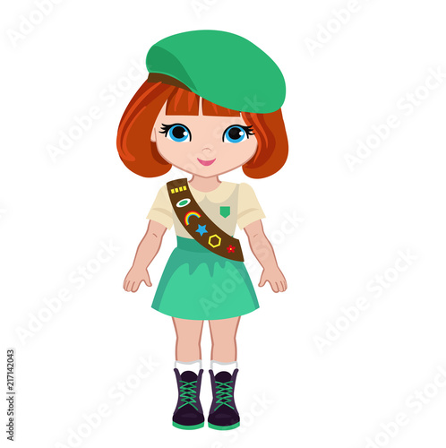 Junior scout girl, explorer girls, Camping Digital Kids. Vector illustration isolated on white background.