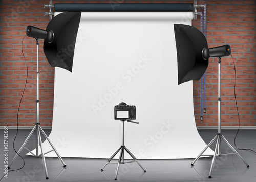 Vector realistic illustration of empty room with blank white screen, studio lights with soft boxes on tripod stands. Concept background with modern lighting equipment for professional photography