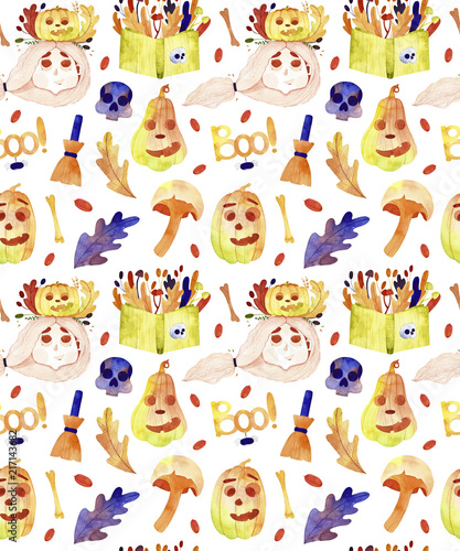 Watercolor halloween seamless pattern. Cute halloween set. Perfect for you postcard design, wallpaper, print, invitations, patterns, travel, poster, packaging etc.