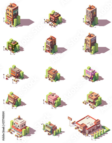 Vector isometric restaurants types icons