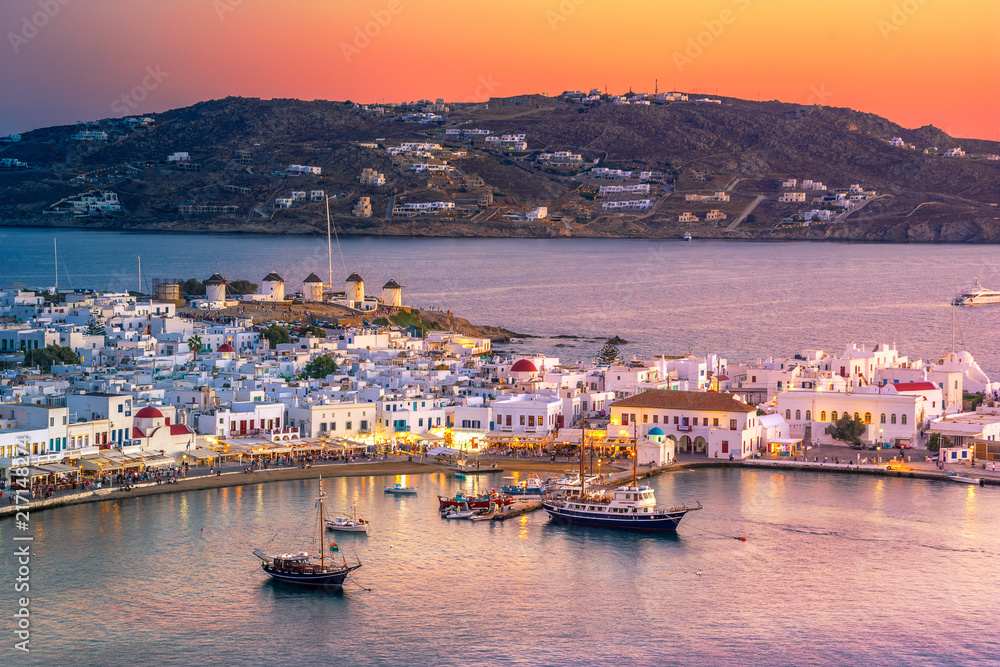 Mykonos port with boats and windmills, Cyclades islands, Greece
