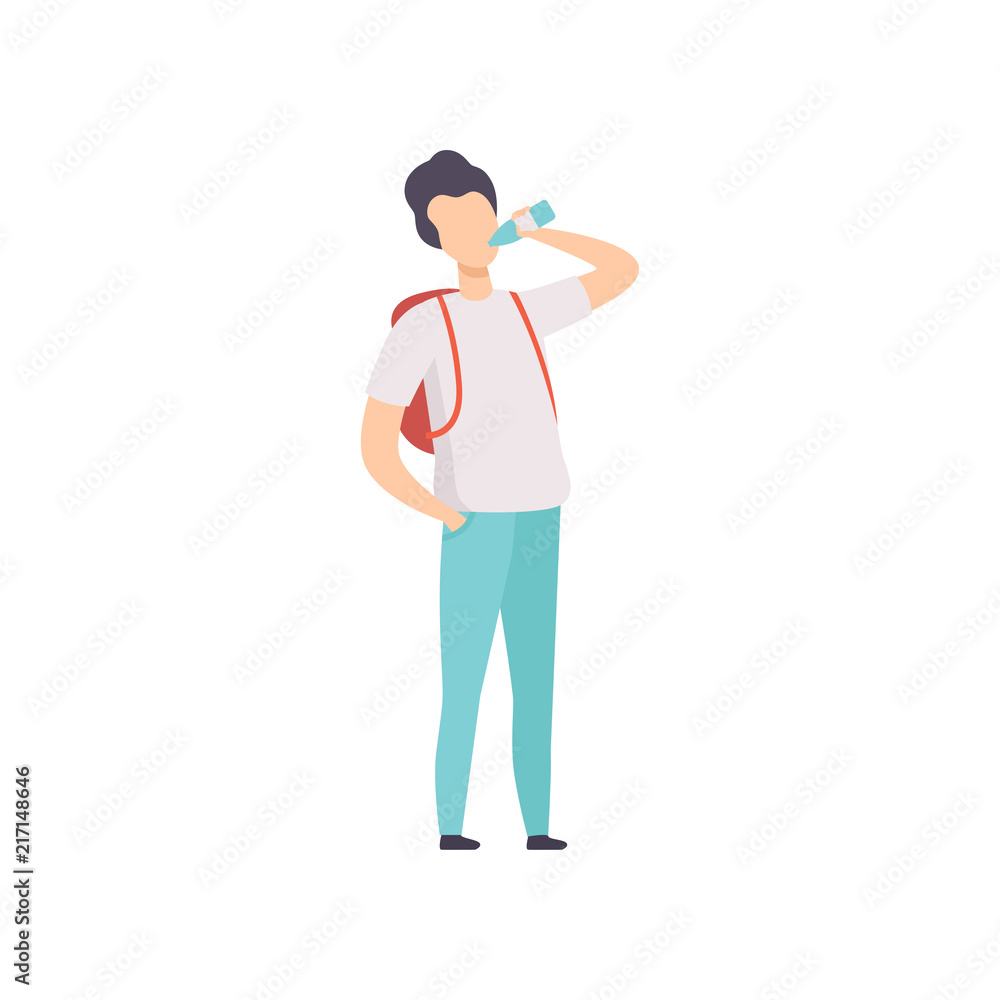 Young man with backpack drinking bottled water vector Illustration on a white background Young man with backpack drinking bottled water vector Illustration on a white background