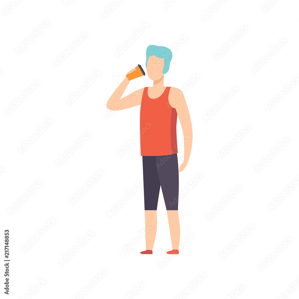 Young man drinkig coffee, guy holding paper take away coffee cup vector Illustration on a white background Young man drinkig coffee, guy holding paper take away coffee cup vector Illustration on a white background
