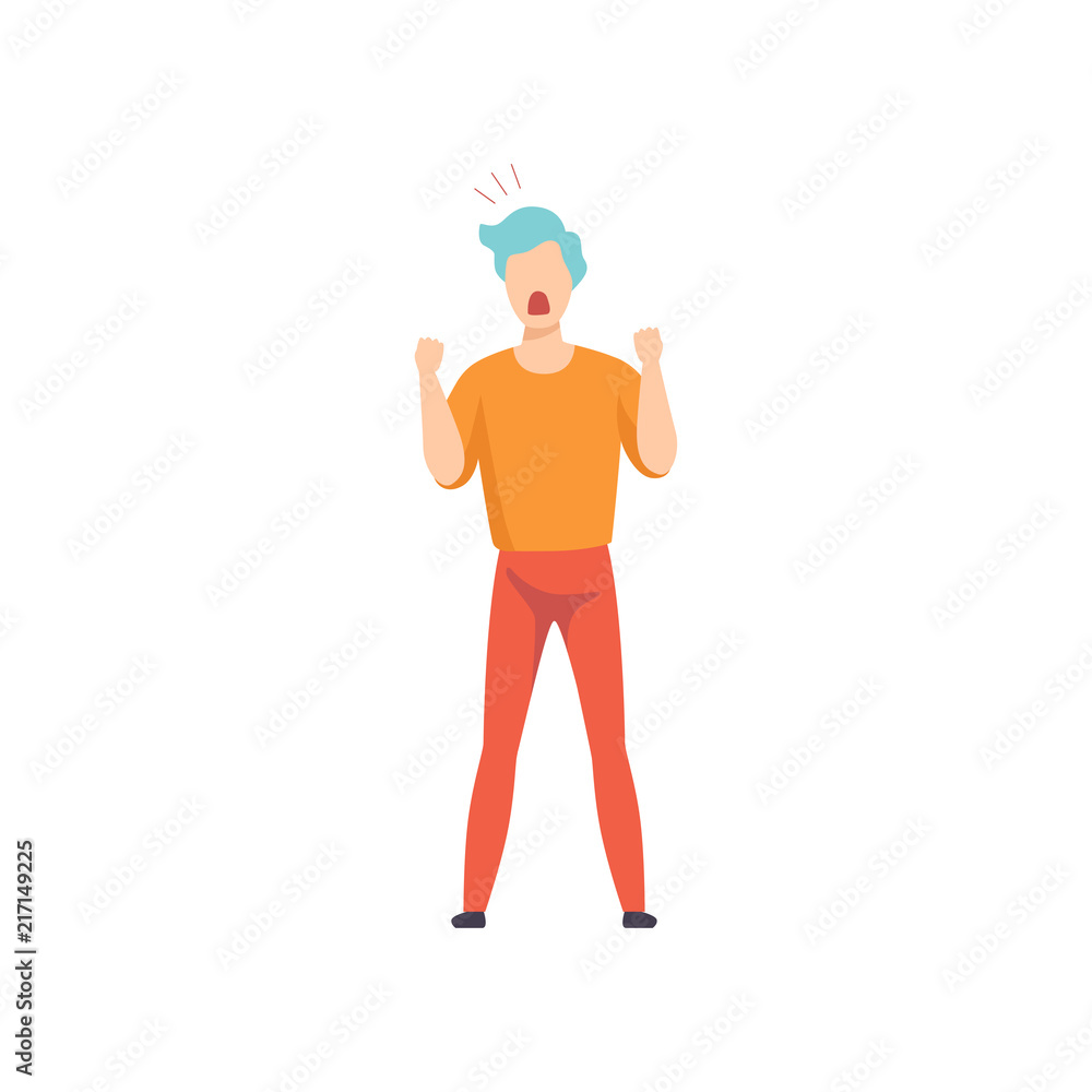 Casually dressed man shouting in a rage, emotional guy feeling anger vector Illustration on a white background Casually dressed man shouting in a rage, emotional guy feeling anger vector Illustration on a white background