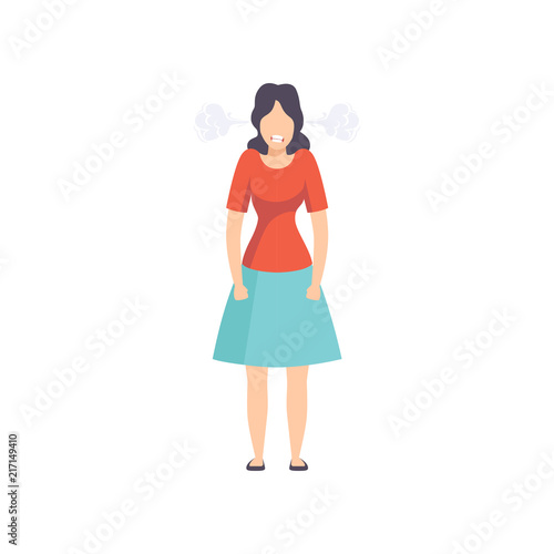 Furious young woman in casual clothes with steam blowing from ears, emotional girl feeling anger vector Illustration on a white background