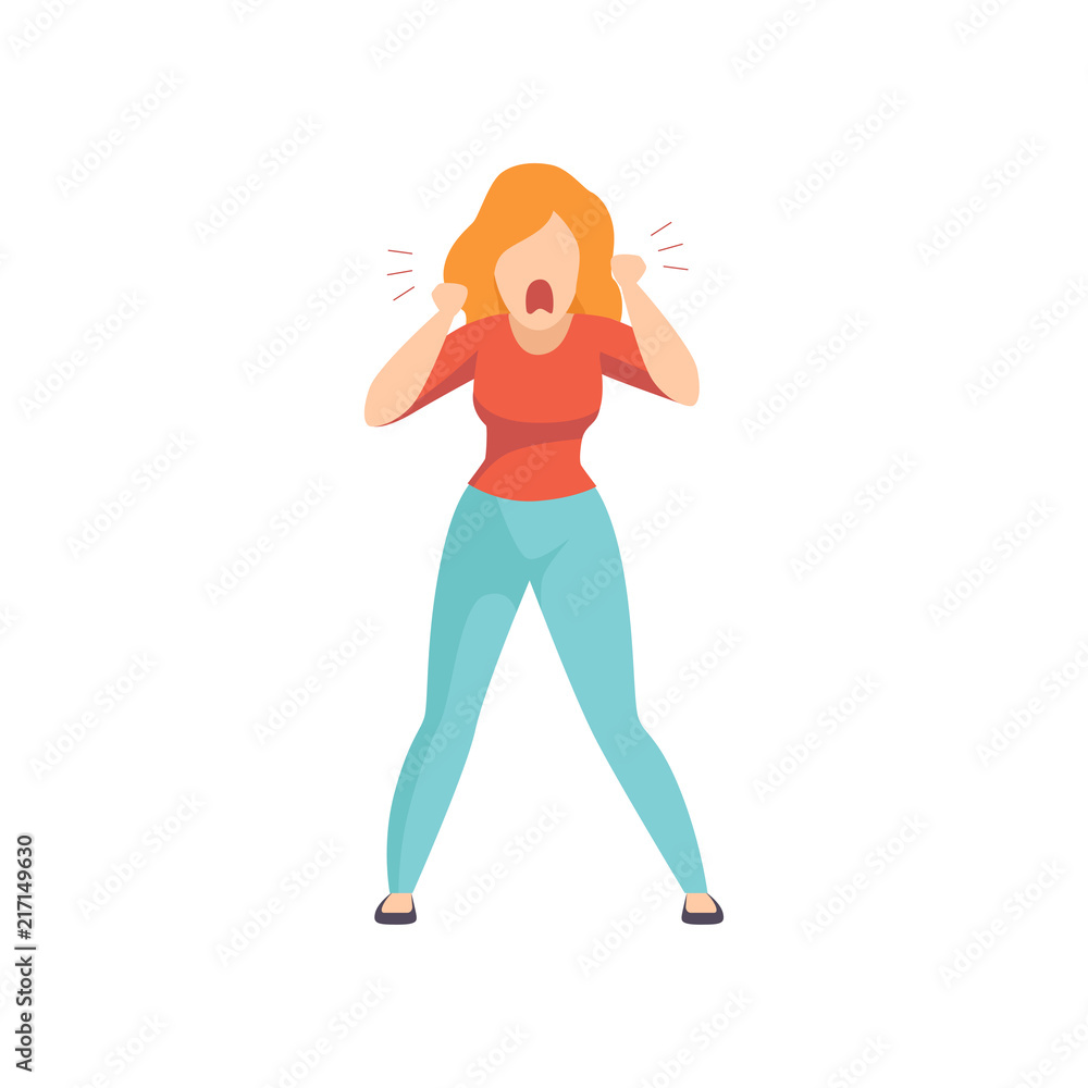 Casually dressed furious young woman shouting loudly, emotional girl feeling anger vector Illustration on a white background Casually dressed furious young woman shouting loudly, emotional girl feeling anger vector Illustration on a white background