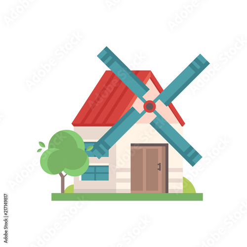 Rural windmill building, ecological agricultural manufacturing vector Illustrations isolated on a white background