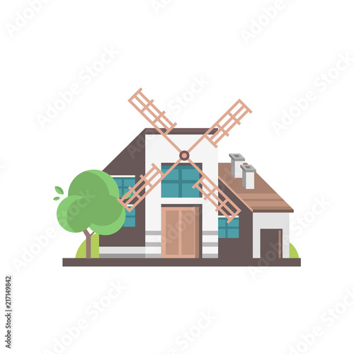 Modern windmill building, ecological agricultural manufacturing vector Illustrations on a white background