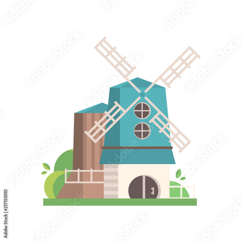 Traditional rural windmill, building with blue roof, ecological agricultural manufacturing vector Illustrations on a white background