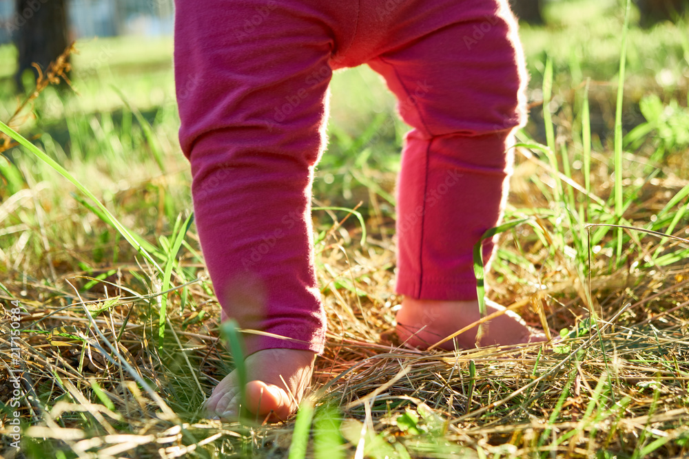 Development of baby : first steps of new born, feet of toddler on the