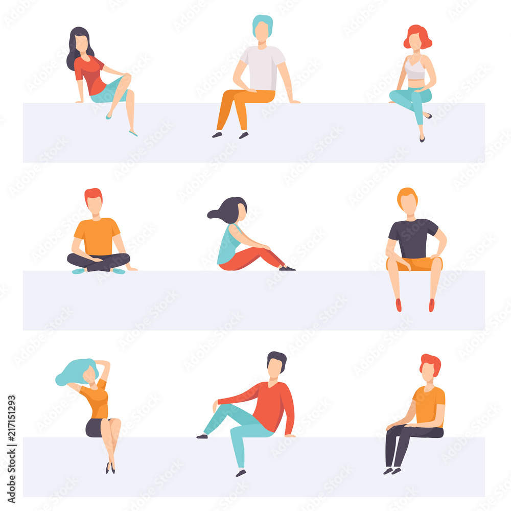 Diverse people sitting on different positions set, young faceless guys and girls in casual clothes sitting down vector Illustrations on a white background Diverse people sitting on different positions set, young faceless guys and girls in casual clothes sitting down vector Illustrations on a white background