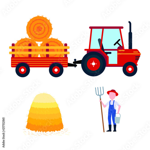 Red harvesting tractor with semi-trailer and hay bale icon sign, haystack, hay sheaf and farmer with hayfork and bucket set isolated on white background flat design style vector illustration