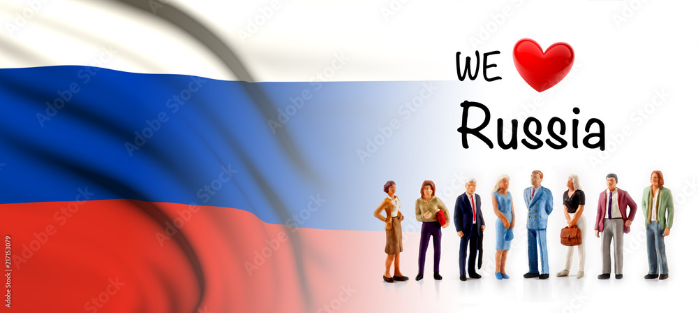 we love Russia, A group of people pose next to the Russian flag ilustração  do Stock