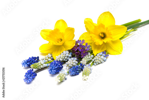 Fototapeta Naklejka Na Ścianę i Meble -  Bouquet yellow daffodil and blue grape hyacinth isolated on white background. Spring concept. Flat lay, top view
