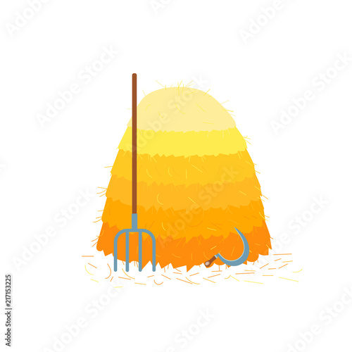 Dry pile of hay, sickle and hayfork like symbols of fall harvesting flat style signs design vector illustration isolated on white background