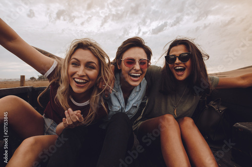 Bilde på lerret Friends having a great time on country road trip