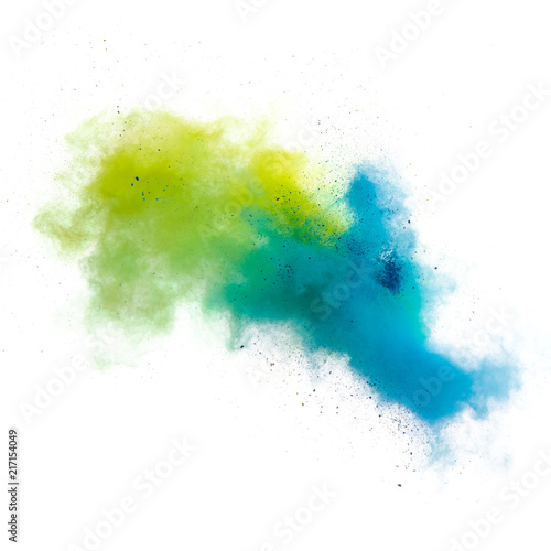 Freeze motion of colored dust explosion isolated on white background photo