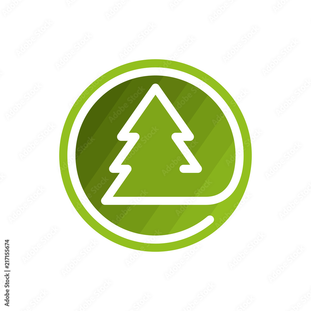 The fir-tree logo template. The silhouette of the tree from a thick line on the green circle. Vector illustration.