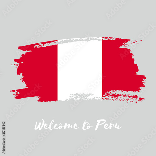 Peru watercolor vector national country flag icon. Hand drawn illustration with dry brush stains, strokes, spots isolated on gray background. Painted grunge style texture for posters, banner design.