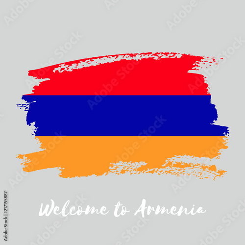 Armenia watercolor vector national country flag icon. Hand drawn illustration with dry brush stains  strokes  spots isolated on gray background. Painted grunge style texture for posters  banner design