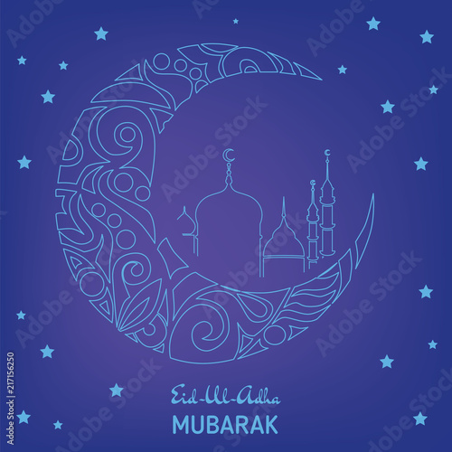 Crescent moon decorated with zentangle for muslim community festival Eid Al Fitr Mubarak. Greeting card template