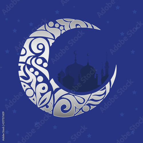 Crescent moon decorated with zentangle for muslim community festival Eid Al Fitr Mubarak. Greeting card template