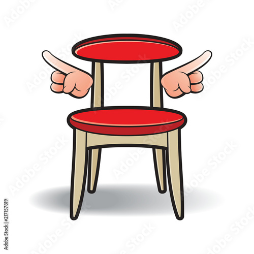 red cushioned chair with two cartoon hands on smooth shadow vector drawing