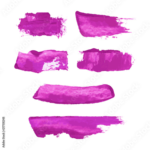 Vector grunge watercolor ink texture set of hand painted magenta, pink, purple, lilac dry brush splashes, strokes, stains, spots, elements, lines, templates, dirty geometric shapes. Freehand drawing.