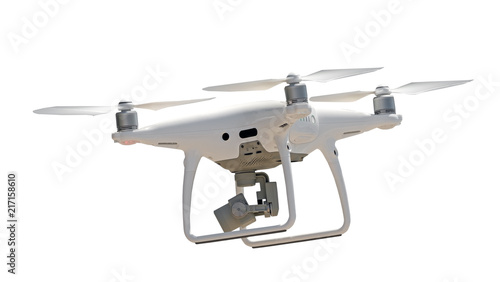 Flying drone quadcopter on  white