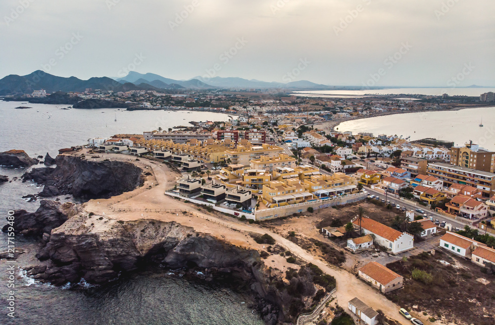 Cabo de Palos, cape in the Spanish municipality of Cartagena, in the region of Murcia. Small spanish village, drone arial panoramic photo. Summer 2018 from drone