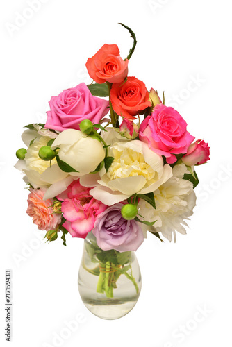 Beautiful bouquet flowers of roses and peonies in vase isolated on a white background. Floral still life. Flat lay, top view. Love. Valentine's Day