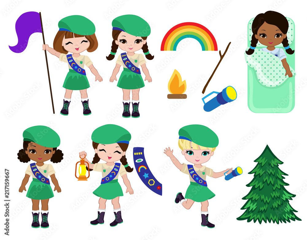 Collection of girls scouts camping outfit, summer camp activities