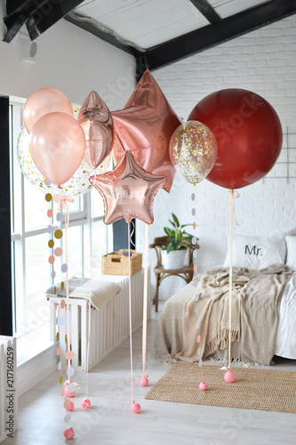 Decorations for waiting baby. Decorations for holiday party. A lot of balloons. 