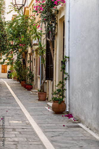Beautiful street in Rethymno in the evening time. Crete island, Greece.