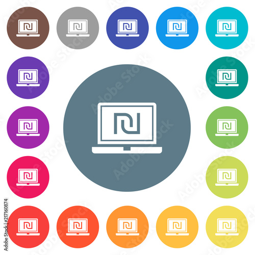 Laptop with new Shekel sign flat white icons on round color backgrounds