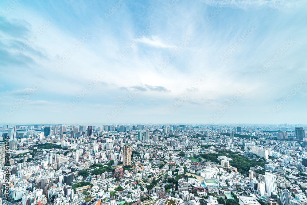 Asia Business concept for real estate and corporate construction - panoramic modern city skyline bird eye aerial view of vivid blue sky in Roppongi Hill, Tokyo, Japan