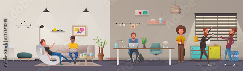Office interior. Modern apartment scandinavian or loft design. Cartoon vector illustration