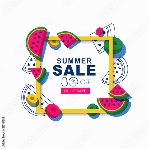 Summer sale vector banner or poster with frame and 3d watermelon. Layout for ...