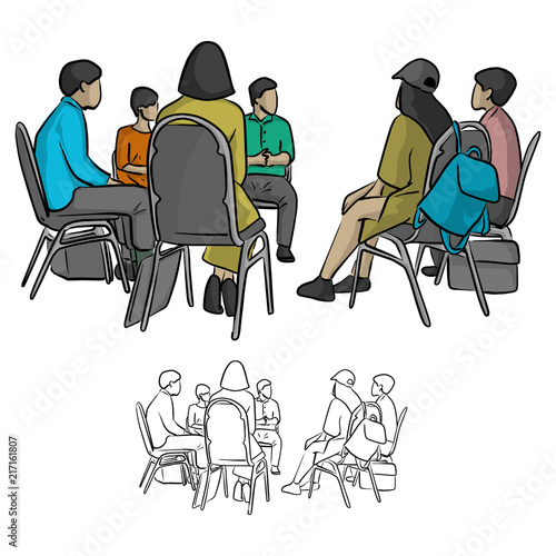 group of teenagers sitting in a circle during consultation with counselor vector illustration sketch doodle hand drawn with black lines isolated on white background