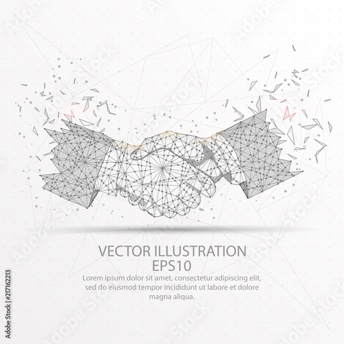 Business handshake low poly wire frame on white background.