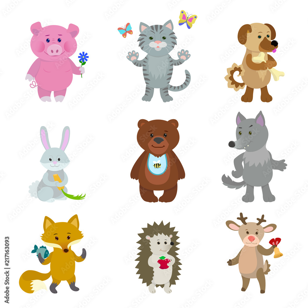 Obraz premium Cute animals hippopotamus pig cat dog hare bear wolf fox hedgehog deer