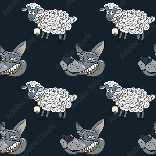 smiling wolf face and nice lamb seamless pattern