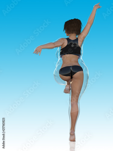 Conceptual fat overweight obese female vs slim fit healthy body after weight loss or diet with muscles thin young woman on blue. A fitness, nutrition or fatness obesity, health shape 3D illustration