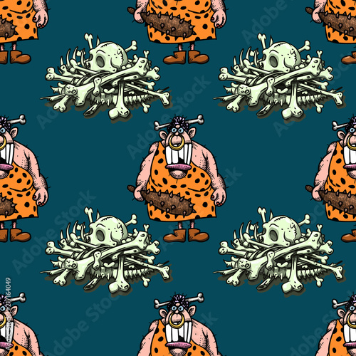 barbaric ancient woman and skeleton bones seamless pattern