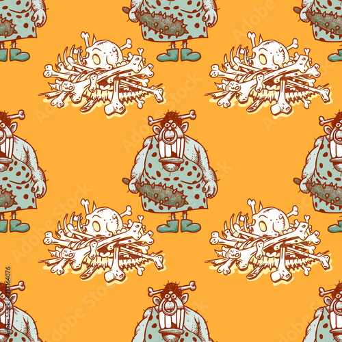 barbaric ancient woman and skeleton bones seamless pattern