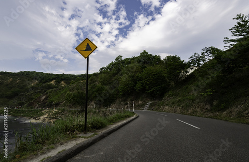 Yellow rock falling down warning sign in small road near mountain