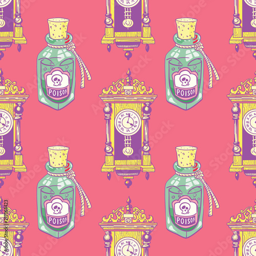 Vintage poison and antique clock seamless pattern
