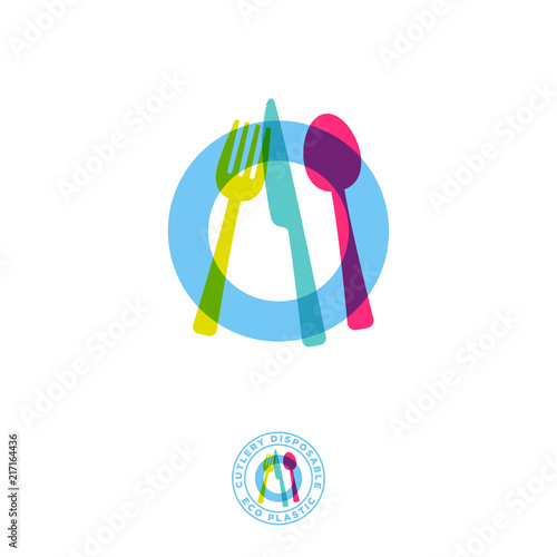 Cutlery, disposable, plastic, tableware icon. Cooking utensil illustration. Transparent plate, knife, fork and spoon, isolated on a white background. 