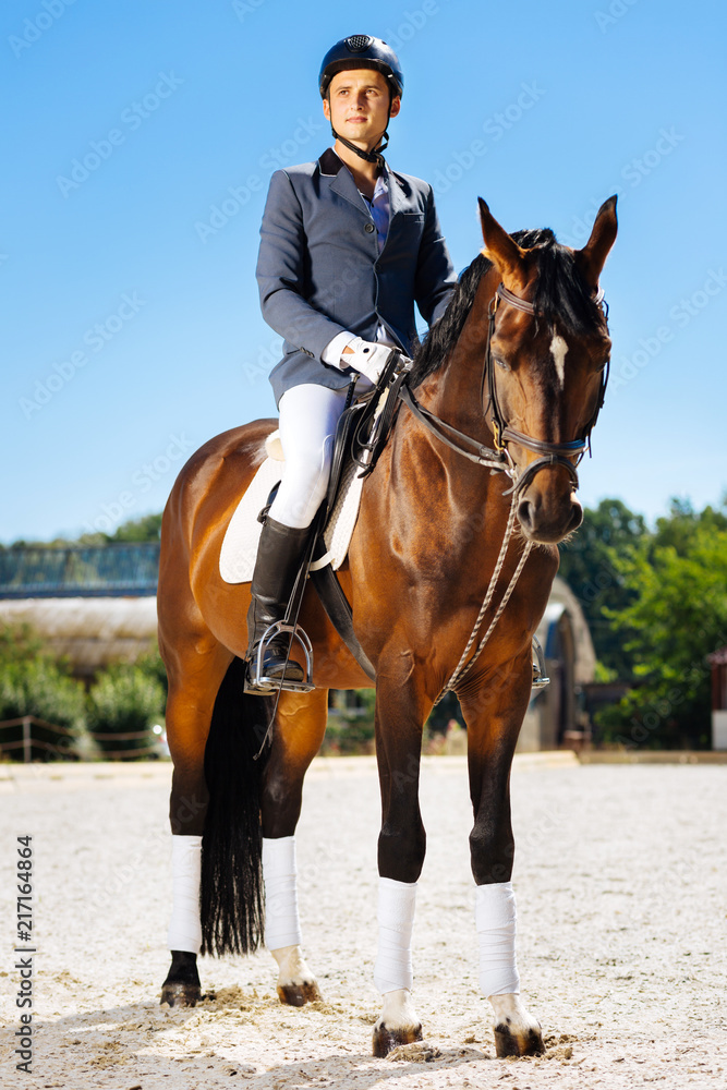 Promising horseman. Young promising horseman feeling excited while preparing for important competition Promising horseman. Young promising horseman feeling excited while preparing for important competition